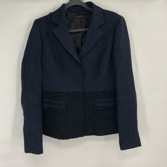 ELIE TAHARI Blazer Jacket Wool Alpaca Mohair Blue Black Textured Unique M Women - Picture 2 of 12